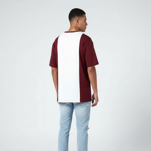 T-shirt Homme Oversize Color Block Manches Courtes Col Rond en Coton Jersey Décontracté Blanc et Bordeaux avec Bordure Contrastante - Product Image 6