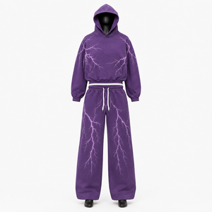 Conjunto de Sudadera con Capucha y Pantalones Deportivos para Mujer, Personalizado con Estampado de Rayos Púrpura, Sudadera Holgada, Pantalones Deportivos de Pierna Ancha, Ropa Deportiva Urbana - Product Image 1