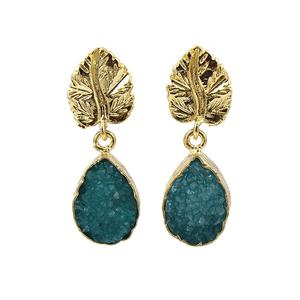 Pendientes colgantes hechos a mano con piedras preciosas Druzy púrpura, forma de pera chapada en oro con diseño de hoja, tachuelas de moda elegantes - Product Image 3