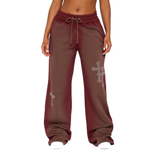 Pantalones de chándal personalizados con pedrería efecto desgastado para mujer, de algodón 100% de alto gramaje, cintura elástica, holgados, 380 g/m², de pierna ancha - Product Image 1