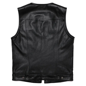 IMTIASON <b>Men's</b> <b>Black</b> Genuine Leather Breathable V-neck Single Button Closure Winter Biker <b>Vest</b> Sleeveless Motorcycle Waistcoat - Product Image 3