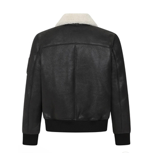 Custom High Quality Coated Waterproof Men's Genuine Leather <b>Bomber</b> <b>Jacket</b> Removable <b>Shearling</b> Collar Embroidery Winter Zipper - Product Image 2