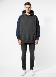 Sweat à capuche homme personnalisé en gros, couleur unie, épais, style streetwear, avec empiècements contrastants en polaire, coupe oversize - Product Image 5