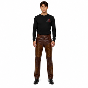 Pantalones de moto de cuero personalizados, de piel de cordero granulada, de pierna recta, perforados, lavados, para hombre, estilo urbano, otoño/invierno, de fábrica OEM - Product Image 1