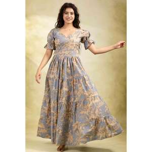 Vestido Largo de Algodón Estampado con Cintura Natural y Mangas Abullonadas Ecológico para Mujer, Elegante Atuendo Floral de Verano - Product Image 4