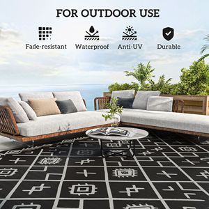 Tapis d'extérieur réversible noir et gris à motif losanges 9FT X 18FT en paille plastique imperméable avec sac de transport - Product Image 6