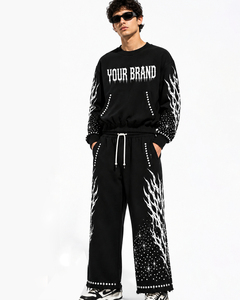 Custom Brand Logo <b>Vintage</b> Hoodie Stacked Pants Heavyweight 100% Cotton Eco-Friendly Acid Wash Rhinestones <b>Tracksuit</b> For Unisex - Product Image 4