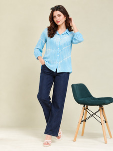 เสื้อเชิ้ตผู้หญิงสีฟ้าอ่อนมัดย้อม แขนสามส่วน ทรงปกติ ลำลอง สำหรับฤดูใบไม้ผลิและฤดูร้อน - Product Image 3