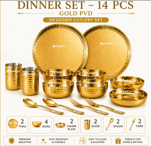Service de table en acier inoxydable PVD doré, écologique, tricoté, 14 pièces, luxe, design, comprenant couverts, bol Thali, assiette, verre, cuillère, fourchette - Product Image 1
