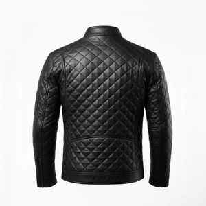 Chaqueta de piel de oveja auténtica negra a la moda para hombre, cuello con solapa dentada, diseño asimétrico con múltiples cremalleras y acolchado de diamantes - Product Image 2