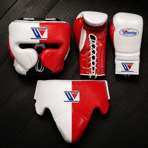 Ensemble d'équipement de boxe de haute qualité en cuir, rouge et blanc, avec casque, gants et protège-pénis, à lacets, pour adultes - Product Image 1