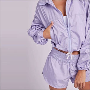 Women Lightweight Solid Color Tracksuit Set Full Sleeve Zipper Casual Summer Shorts Loose Fit 100% Polyester Turn-down Collar - Product Image 6