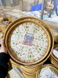 Heritage Craft Rattan Serving Tray with Intricate Mother of Pearl Shell Mosaic Handwoven <b>Frame</b> Decorative Artisan Tray Display - Product Image 6