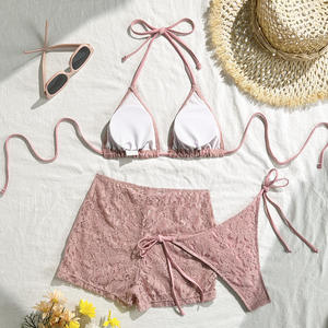 Nuevo Bikini de Tres Piezas en Color Sólido 2026, Traje de Baño Sexy con Encaje y Pantalones Planos, Bikini Sexy con Tiras - Product Image 2