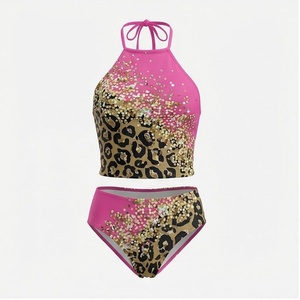 Ensemble bikini 2 pièces imprimé léopard rose avec haut dos nu à paillettes et bas taille haute, maillot de bain pour femme - Product Image 1