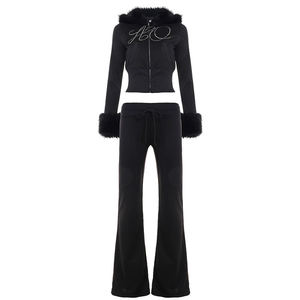 Wholesale Women’s Y2K Hooded Tracksuit Flared Pants Set Rhinestone Zipper Knit Fabric - Product Image 3