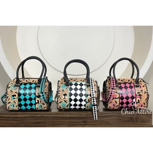 Sac à main mini Speedy en cuir fait main OEM ODM avec motif à carreaux turquoise et noir style western, sac bandoulière pour femme - Product Image 1