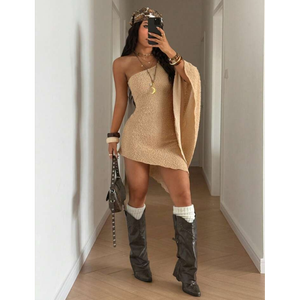 Vestido Mini Asimétrico de Un Solo Hombro con Textura de Punto y Manga Tipo Capa - Product Image 2