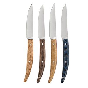 Ensemble de 4 couteaux à steak marron, beige et bleu avec lames à bord plat argentées et manches courbes rivetées pour la table à manger - Product Image 1