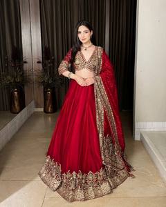 Red <b>Bollywood</b> Style Lehenga Set Embroidered Indian Pakistani <b>Outfit</b> Banarasi Style Wedding Festival Wear - Product Image 1