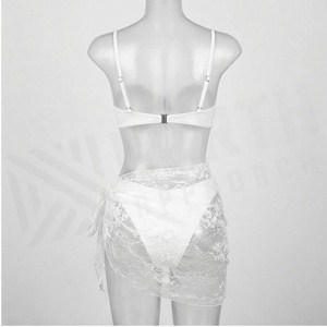 White Bandeau <b>Bikini</b> <b>Set</b> With Lace Wrap <b>Skirt</b> And Orchid Flower Decoration Women's Swimwear 2 Piece Asymmetric Design - Product Image 5