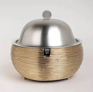 Luxury Gold Ribbed Casserole Premium Food Warmers Modern Sphere Stainless Steel <b>Buffet</b> <b>Server</b> with Brushed Silver Lid - Product Image 1