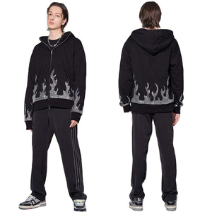 Sweat-shirt unisexe noir à capuche zippé avec motif flamme en strass, style streetwear, coupe classique, 100 % coton, hiver, séchage rapide, respirant - Product Image 4