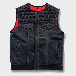 Gilet de motard en cuir matelassé style denim rouge avec surpiqûres, pour homme, Hunt Club Honey Grill - Product Image 1