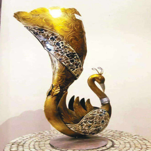 Ornate decorative gold peacock shaped sculpture vase featuring intricate <b>mosaic</b> tile inlay, available at wholesale prices. - Product Image 1
