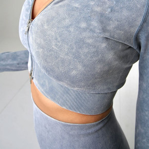 Womens Grey Seamed Solid Eco-Friendly Sports Bra & <b>Zip</b>-<b>Up</b> <b>Jacket</b> Set High Waisted Yoga Leggings Crop Top Set - Product Image 4
