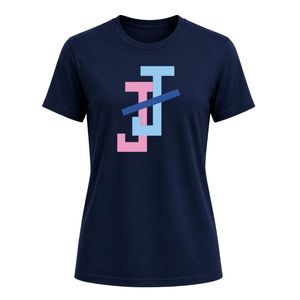 T-shirt pour femme bleu marine JJ brodé, col rond, manches courtes, coupe ajustée, décontracté, léger, en mélange de coton, pour tous les jours - Product Image 1