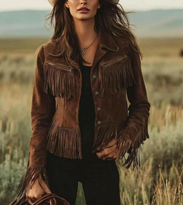 Chaqueta de Motociclista de Gamuza Marrón con Flecos para Mujer, Marca Fazmax, Cuello Camisero, Cierre de Cremallera, Manga Larga, Ecológica, para Otoño - Product Image 1