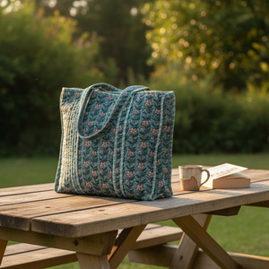 <b>Tote</b> <b>Bag</b> Quilted Cotton Striped Casual Eco-Friendly 250gsm <b>Medium</b> Teal Women Long Handle Boho Zipper Closure Extra Large Shops - Product Image 6