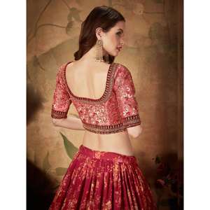 Superbe mariage en soie organza marron à imprimé floral Lehenga Choli avec chemisier pêche - Product Image 1