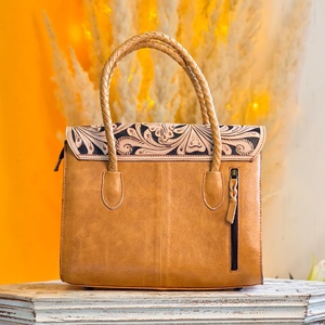 2026 New Fashionable Hand Tooled Florals Carved 100% Genuine Leather <b>Tote</b> Purse Handbag Wholesale <b>Zip</b> Closure <b>Tote</b> Bag For Women - Product Image 3