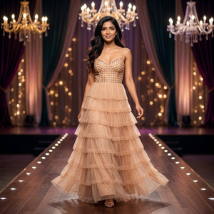 Elegant Peach Tiered Tulle Maxi Dress | <b>Spaghetti</b> <b>Strap</b> Sweetheart Neck | Modern A-Line Party Evening Gown | Women Formal Wear - Product Image 5