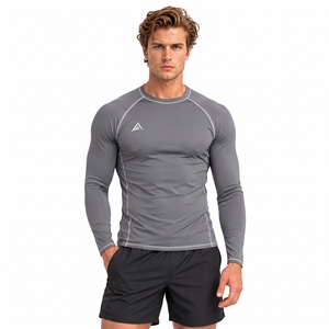 OEM Custom Logo <b>Men's</b> Long Sleeve Compression <b>Shirt</b> Slim Fit Athletic Crew Neck Top Contrast Stitching Base Layer <b>Swim</b> <b>T</b>-<b>Shirts</b> - Product Image 3