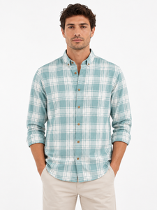 <b>Men</b> Aqua Blue <b>Flannel</b> Plaid Check <b>Shirt</b> with Long Sleeves Button Collar Casual Full Sleeve Classic Checkered Pattern 4XL - Product Image 1
