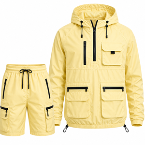 Men's Yellow Hooded Quarter-Zip Fleece Jacket Shorts <b>Set</b> Solid Color Quick Dry Polyester Streetwear Casual Winter Outwear - Product Image 3