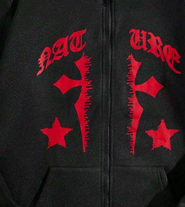 Sudadera con capucha Cyber Y2K para hombre, con cremallera, estampado gráfico de cruz gótica, detalle de estrella roja en la manga, estilo urbano, corte holgado, tejido grueso - Product Image 5