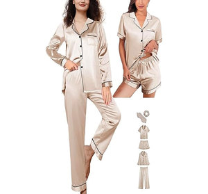 Conjunto de Pijama de Satén para Mujer, Manga Larga, Verde Sólido, Elegante, con Botones, Cuello Camisero, Cintura Media - Product Image 5