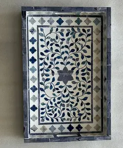 Plateau décoratif en incrustation d'os d'élégance moderne, accent rectangulaire élégant pour la décoration intérieure, présentoir de plats et d'assiettes de service - Product Image 3