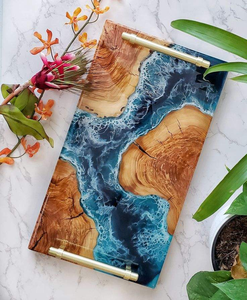 LAPTOP SQUARE WOOD <b>EPOXY</b> RESIN TRAY Fabulous Decorative Design for Serving Food in Kitchen Restaurants Home Use - Product Image 5