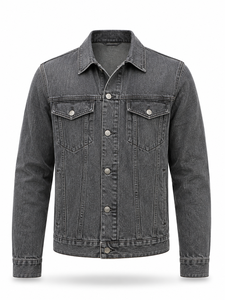 Veste en jean grise pour homme, fermeture boutonnée, coupe classique, délavée, style décontracté, pour l'automne, tissu 100% coton tissé - Product Image 1