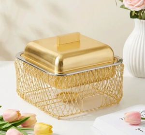 Calentador de buffet de lujo de metal dorado con soporte de alambre, servidor de alimentos aislado, plato para calentar, colección Ramadán, venta al por mayor - Product Image 1