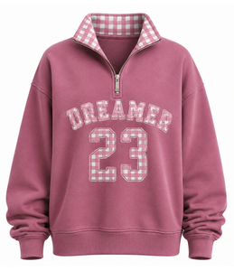 เสื้อสเวตเชิ้ตผู้หญิงสีชมพูแบบซิป ¼ ตัว พร้อมลายปัก Plaid Dreamer 23 ผ้าฟลีซ คอตั้ง ทรงปกติ ใส่ได้ในฤดูใบไม้ร่วง - Product Image 1