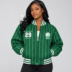 Chaqueta Universitaria de Satén a Rayas Verdes y Blancas para Mujer de la Hermandad Iota Phi Lambda, Chaqueta Letterman con Cierre y Letras Griegas Bordadas - Product Image 5