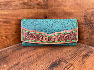 Nouveau design usiné à la main sculpture portefeuille en cuir pochette coque de téléphone carte élégant couleur Turquoise portefeuille multi-usages cuir occidental - Product Image 4