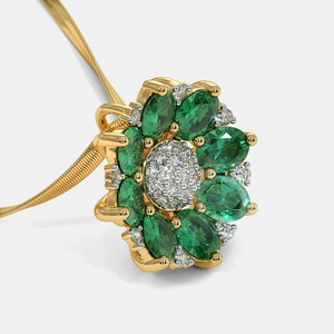 Yellow Gold <b>Emerald</b> Floral Halo Lab Grown Diamond <b>Pendant</b> Necklace - Product Image 4