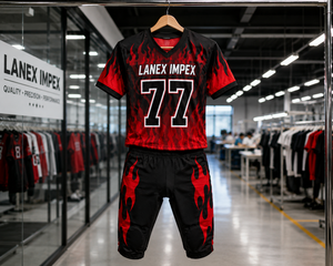 Ensemble d'uniformes de football américain pour hommes sur mesure OEM de haute qualité, design flamme rouge et noir, impression par sublimation, polyester respirant - Product Image 5
